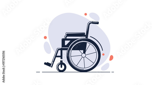 Illustration of a manual wheelchair is shown against a soft purple background with orange and blue abstract circles and dots.