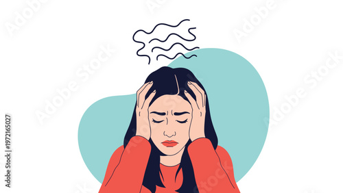 Stressed woman holds her head in pain while dealing with anxiety and a headache as indicated by messy scribbles above her head.