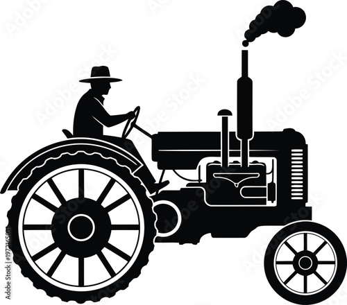 Silhouette of a farmer wearing a hat driving an antique tractor with smoke billowing from its exhaust pipe