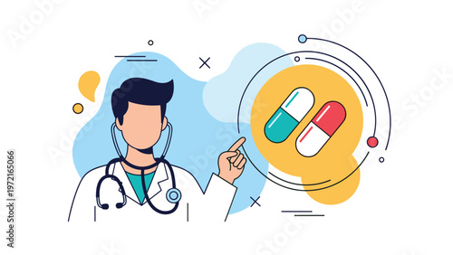 Male doctor in a white lab coat points towards a circle containing two medical capsules to represent professional healthcare.