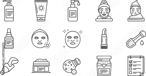 Vector Icons Set of Skincare and Beauty Products, Including Creams, Masks, Lipsticks, and Cosmetic Tools for Health and Wellness Design Projects