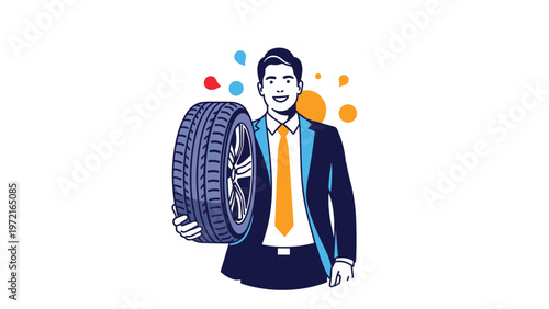 Professional salesman in a dark suit smiles while holding a large car tire to promote automotive services or repair products.