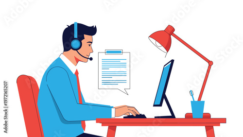 Male customer service representative wearing a headset works at a desk with a computer monitor and a bright red desk lamp.