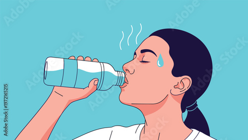 Woman drinks fresh water from a plastic bottle to stay hydrated while sweating under a bright blue sky on a very hot summer day.