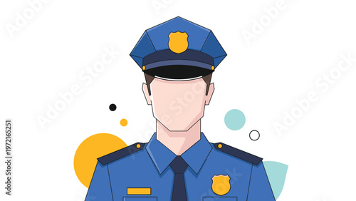 Frontal portrait of a professional police officer wearing a blue uniform and a traditional cap with golden shields and badges.