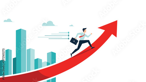 Ambitious businessman with a briefcase runs up a large red growth arrow that points towards a modern city skyline and goal.