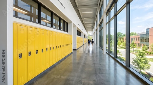 Modern School Hallway with Yellow Lockers and Natural Light