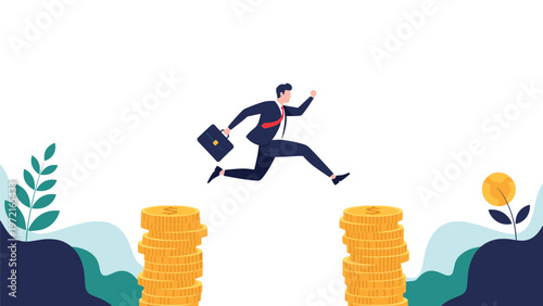 Businessman jumps over a wide gap between two high stacks of gold coins to symbolize financial risk and business opportunity.