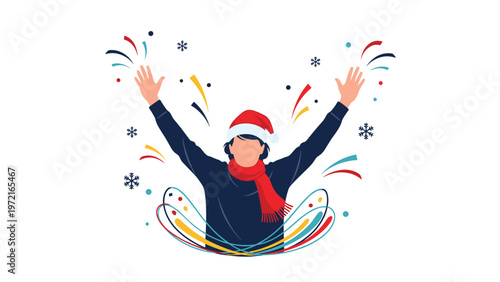 Person wearing a red santa hat and matching scarf celebrates with arms raised amidst falling snowflakes and colorful confetti.