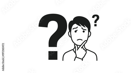 Man looks confused while touching his chin next to a large black question mark to represent uncertainty or a difficult problem.