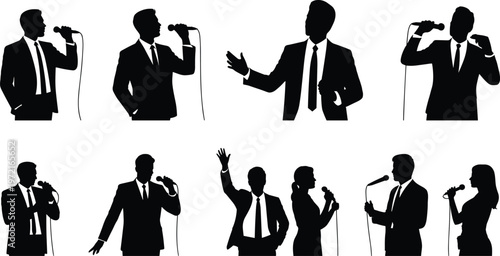 Public speaking silhouettes, microphone presentation icons, corporate communication vector, business speaker illustration, professional seminar design, leadership talk, conference stage art, speech