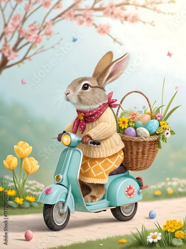 Easter bunny on a scooter with a basket of colored eggs