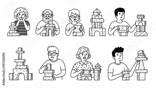 Diverse People Building Block Towers: Problem Solving & Frustration in Creative Construction. Hand-Drawn Cartoon Illustration.