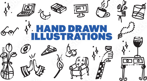 Playful hand-drawn illustration set featuring everyday objects and symbols in blue sketch style, arranged around bold typography for a creative, informal and artistic visual composition