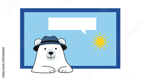 Friendly polar bear wearing a blue hat peeking through a window frame with a bright sun icon and speech bubble background.