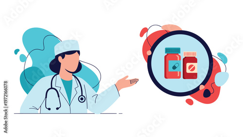 Female doctor in a white coat and cap presenting a bottle of pills and a container of tablets against a colorful abstract background pattern.