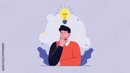 Pensive man sitting with his hand on his chin and a glowing lightbulb appearing above his head, symbolizing a sudden bright idea or creative insight.