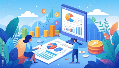 Colorful illustration two people analyzing charts, graphs, and financial data with nature background