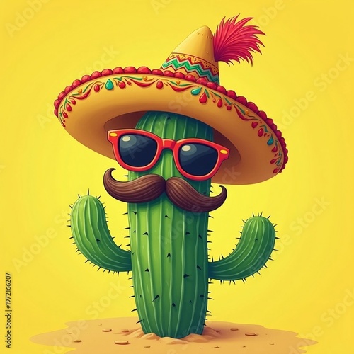 Funny Cartoon Cactus Character Wearing Sombrero, Sunglasses, and Mustache