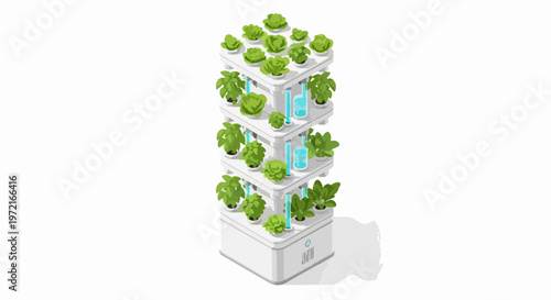 Modern Vertical Hydroponic Indoor Garden System for Urban Farming. 3D Isometric Illustration of an Automated Smart Home Plant Growth Module on White Background.