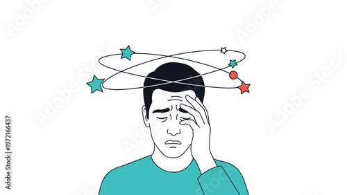 Illustration of a man holding his head with a distressed expression and colorful stars orbiting his head, symbolizing dizziness or confusion.