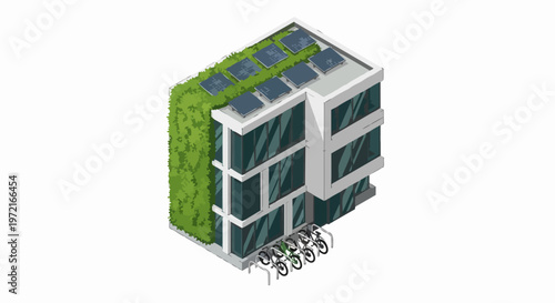 Isometric Illustration of a Sustainable Modern Building with Solar Panels, Vertical Green Garden Wall, and Bicycle Parking Rack - Eco-Friendly Smart City Architecture