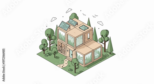 Isometric Illustration of a Sustainable Modular House with Solar Panels and Eco-Friendly Design