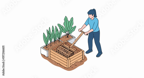 Isometric Illustration of a Woman Composting Organic Waste in a Wooden Bin for Sustainable Gardening