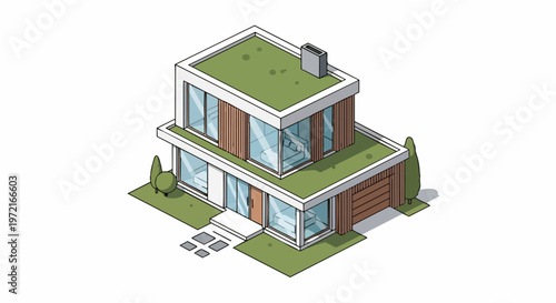 Modern Isometric House with Green Roof and Sustainable Architecture Design