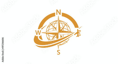 Golden Compass Rose Navigational Tool on White Background.