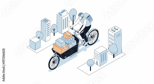 Isometric Illustration of a Courier Delivering Packages on a Cargo Bike in a City Environment - Sustainable Last Mile Logistics Concept