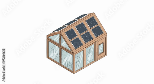 Isometric Modern Eco-Friendly Tiny House with Solar Panels and Large Glass Windows - Sustainable Green Living Concept Illustration