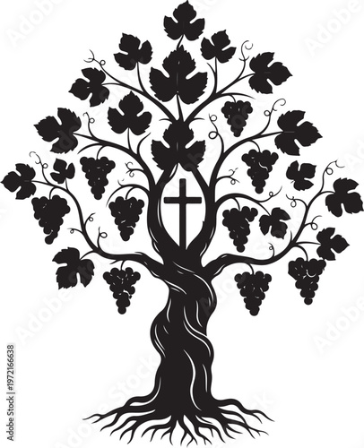 Silhouette of a grapevine tree with cross and roots, Generative Ai