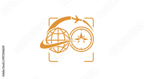 Golden Globe, Airplane, and Compass Icon Representing Global Travel.