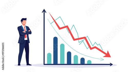 Businessman standing with crossed arms next to a bar chart and a declining red arrow indicating an economic downturn.