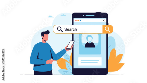 Man standing next to a large smartphone showing a profile page and a search bar representing social media and networking.