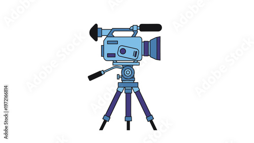 Professional video camera on a tripod with a microphone attached, used for filming news, movies, or television shows.