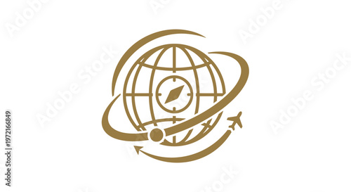 Golden Globe with Compass and Airplane Symbol for Travel.