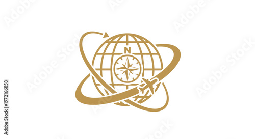 Golden Globe with Compass and Airplane Symbolizing Global Travel.