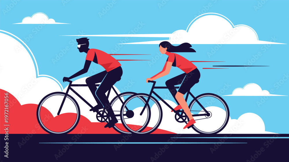 Fototapeta premium Active couple enjoys high speed cycling outdoors under a bright blue sky with fluffy white clouds for fitness and recreation.
