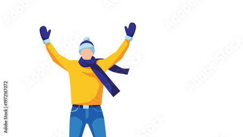 Happy individual wearing warm winter clothes including a yellow sweater blue scarf and mittens celebrates with arms raised against white background.