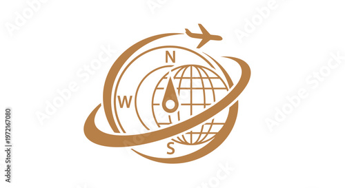 Golden Travel Agency Logo Featuring Globe, Compass, and Airplane.