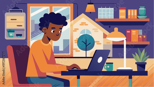 Freelancer working on laptop at home workspace with cozy interior, representing solo economy, remote work and independent digital lifestyle