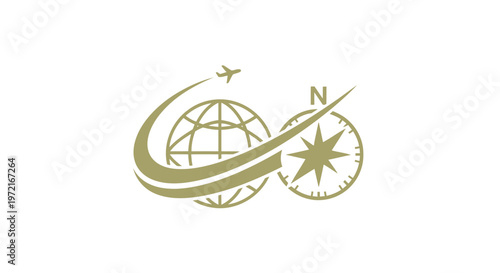 Golden Travel Logo Featuring Globe, Compass, and Airplane Symbol.
