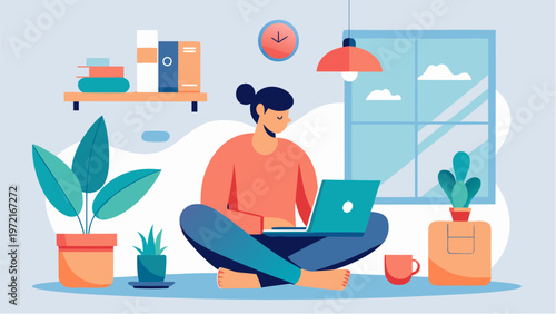 Woman working on laptop at home in calm cozy environment with plants and soft light, representing mindfulness, digital balance and healthy remote lifestyle