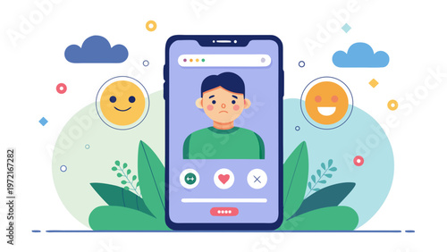 Mobile app interface showing user emotions with sad face on screen and reaction icons, representing digital wellbeing, mood tracking and emotional balance concept
