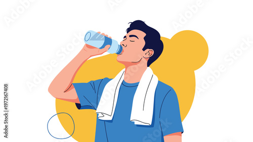 Athletic man drinking fresh water from a bottle after a workout with a towel around his neck to stay hydrated and healthy.