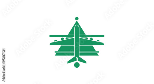 Green Airplane Silhouette with Abstract Tree Design on White Background.