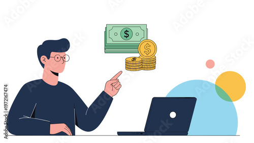 Man working on a laptop at a desk pointing at floating cash bills and coins representing online earnings and financial management.