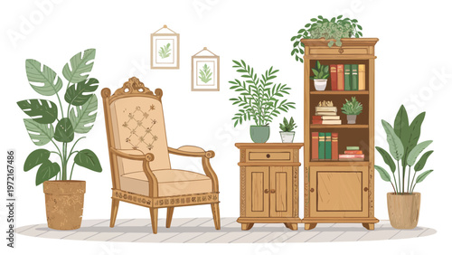 Cozy home interior with wooden furniture plants and books on a shelf warm lighting comfortable armchair and decorative wall art
